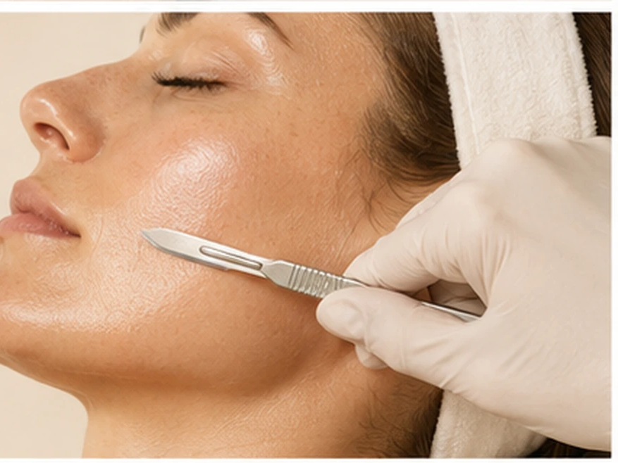 Dermaplaning — blade at jawline, soft focus — The Society of Preservation Med Spa, Charleston