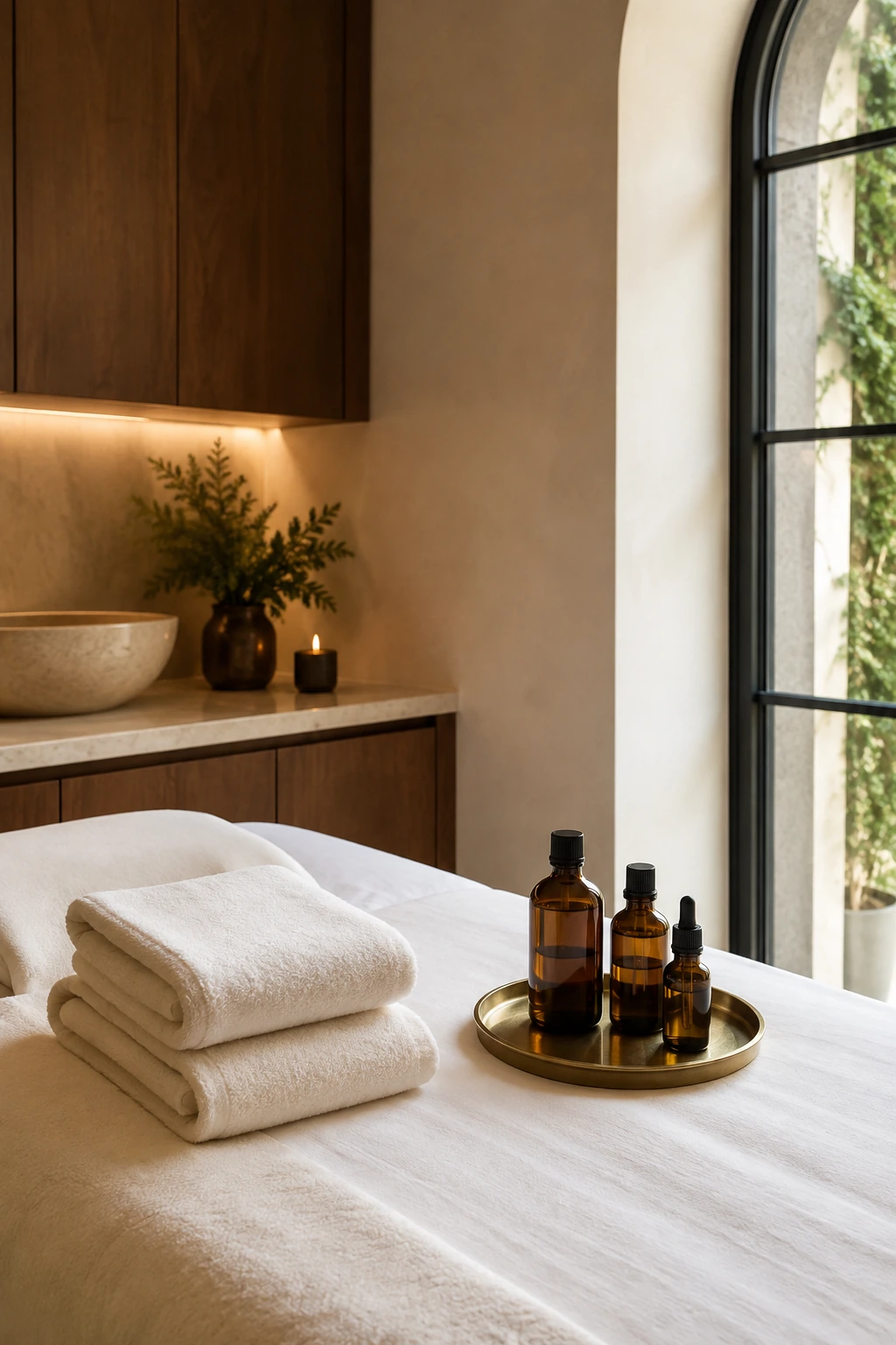 Treatment room detail — linens, brass tray, warm light — The Society of Preservation Med Spa, Charleston