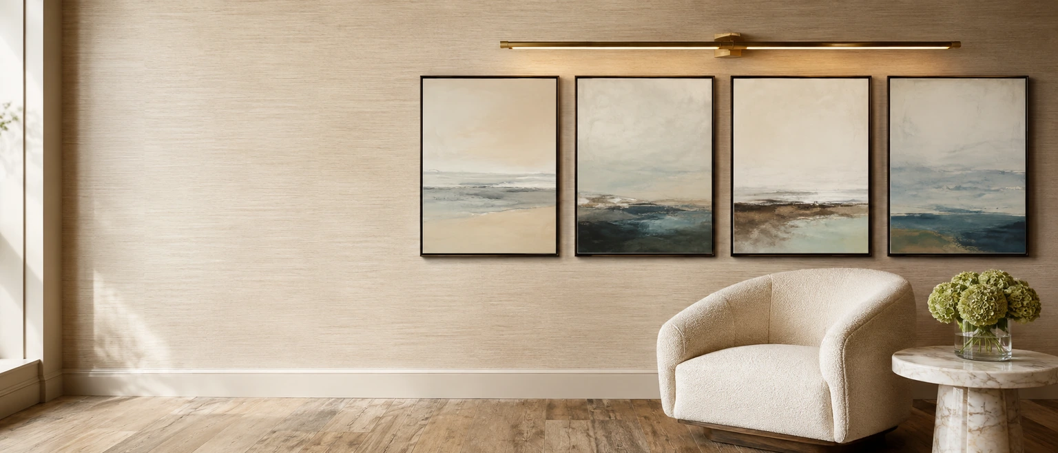 Framed works by local artists on the gallery wall at our King Street suite