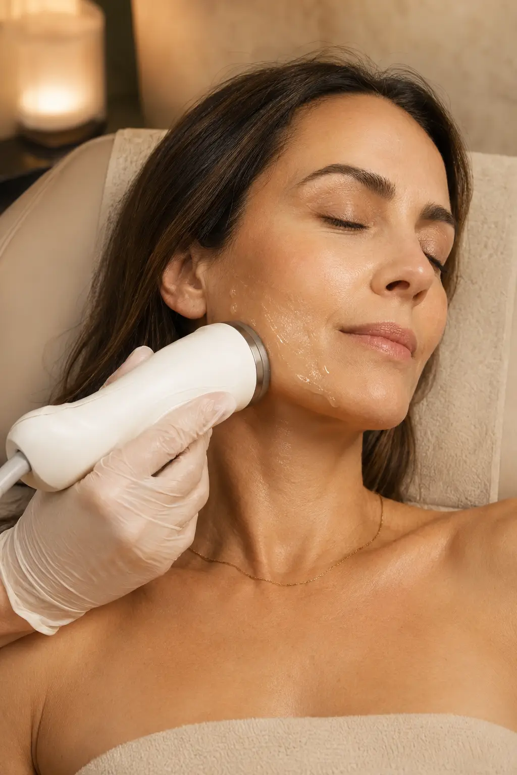 RF handpiece along jawline — warm light, relaxed patient — The Society of Preservation Med Spa, Charleston