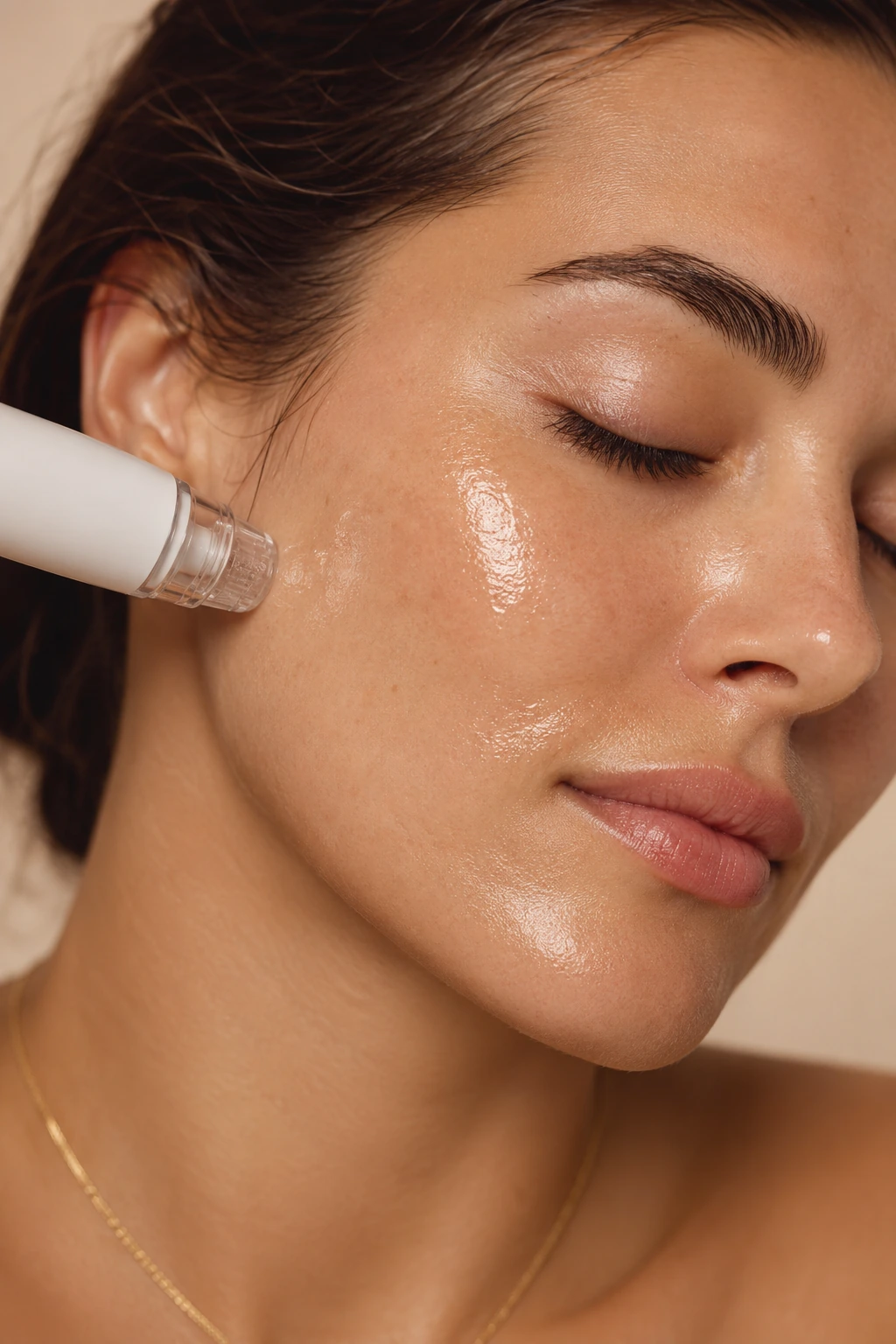 GLACE treatment — handpiece on cheek, dewy skin, warm light — The Society of Preservation Med Spa, Charleston