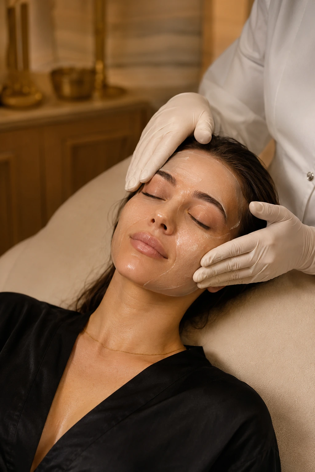 GLO2 handpiece on cheek — warm flush, serene patient — The Society of Preservation Med Spa, Charleston