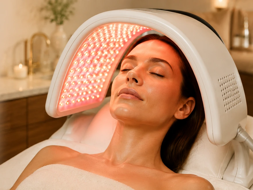 Celluma LED — blue-white light panel over face — The Society of Preservation Med Spa, Charleston