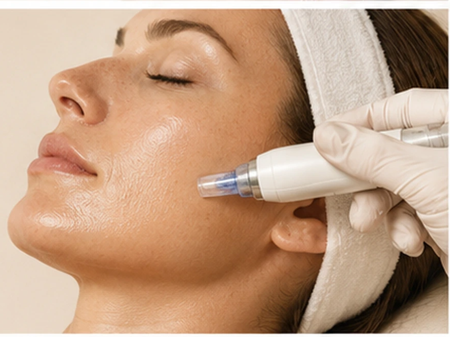 Microneedling — device on flawless cheek — The Society of Preservation Med Spa, Charleston