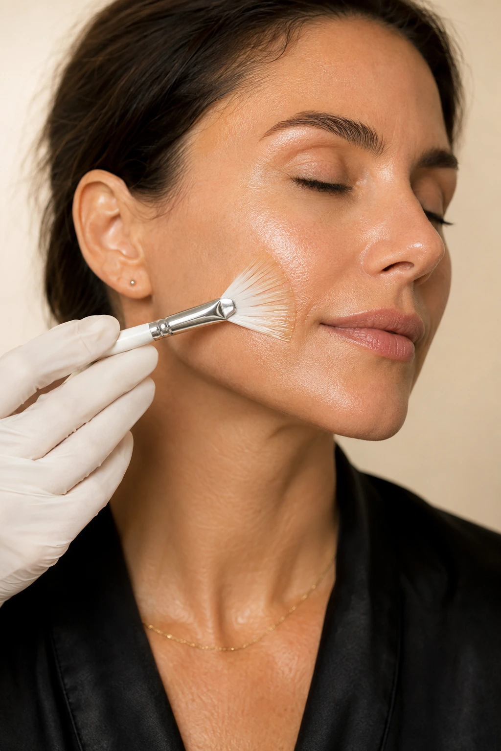 Peel application — brush, gloved hand, clear complexion — The Society of Preservation Med Spa, Charleston